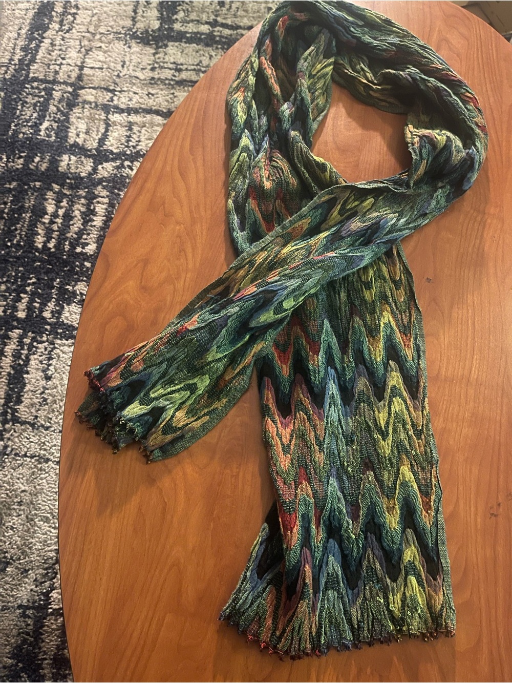 Multicolor Zigzag Knit Scarf with Green Dominance